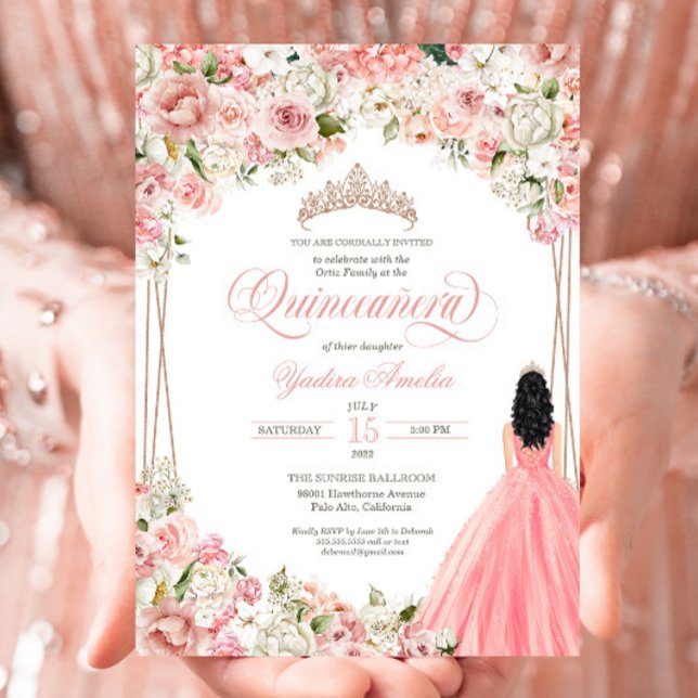 Invitation Fleurs d'aquarelle blanc rose pâle Quinceañera (Créateur téléchargé)