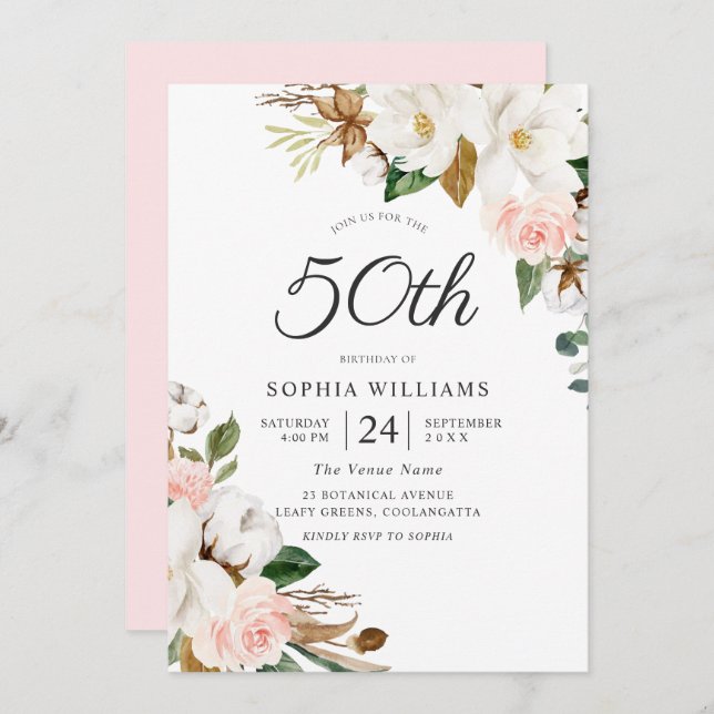 Invitation Fleurs d'aquarelle blanc rousse 50e fête d'anniver (Devant / Derrière)