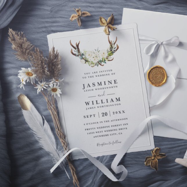 Invitation Fleurs d'aquarelle blanche bois de cerf mariage ru (Créateur téléchargé)