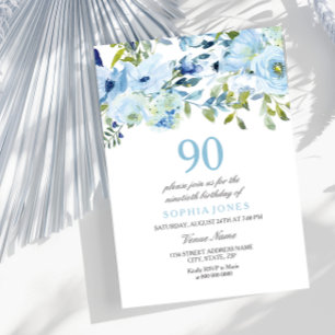 Invitation Fleurs d'aquarelle bleu ciel 90e fête d'anniversai