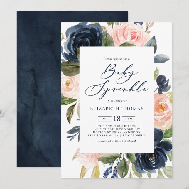 Invitation Fleurs d'aquarelle bleu et marine (Devant / Derrière)