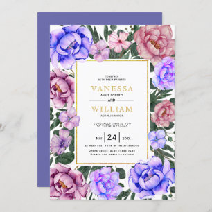 Invitation Fleurs d'aquarelle bleu et rose mariage