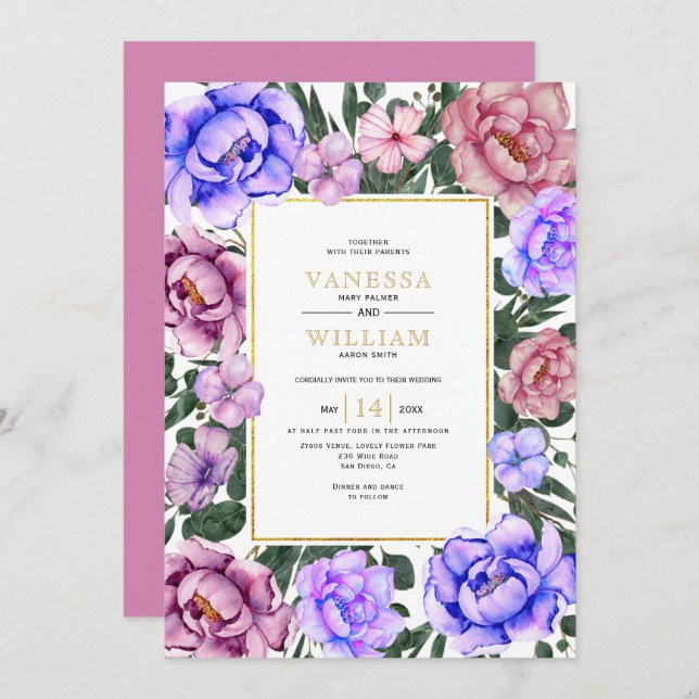 Invitation Fleurs d'aquarelle bleu et rose printemps mariage (Devant / Derrière)