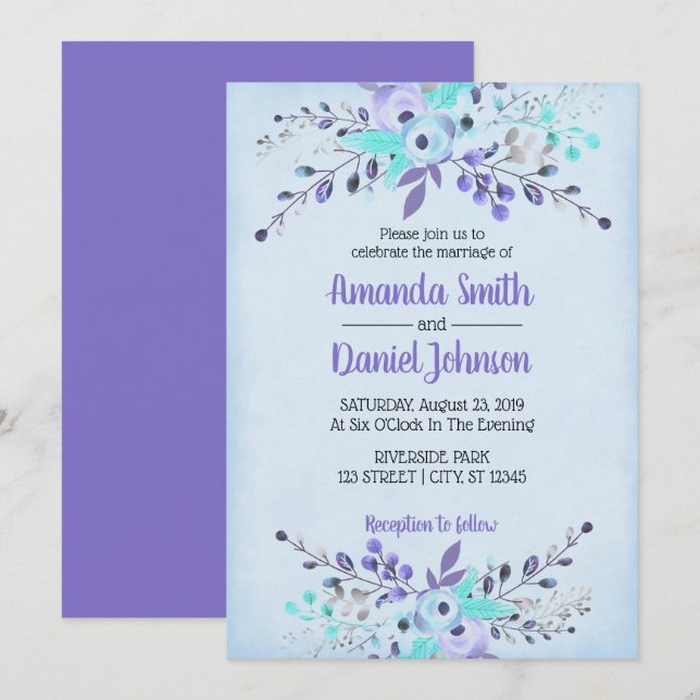 Invitation Fleurs d'aquarelle bleu et violet Roses (Devant / Derrière)