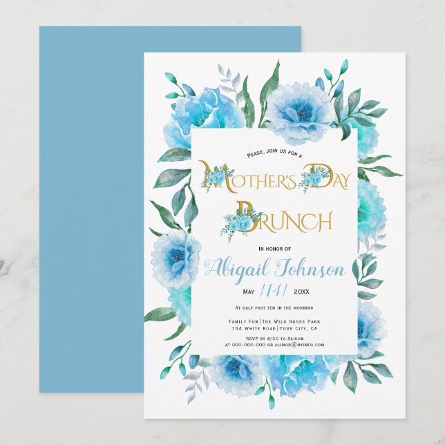 Invitation Fleurs d'aquarelle bleu Fête des mères brunch (Devant / Derrière)