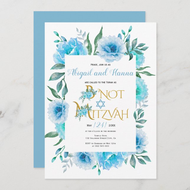Invitation Fleurs d'aquarelle bleu floral B'Not Mitzvah (Devant / Derrière)