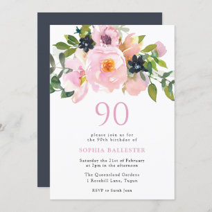 Invitation Fleurs d'aquarelle bleu marine 90e fête d'annivers