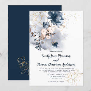 Invitation Fleurs d'aquarelle bleu marine, pêche et or