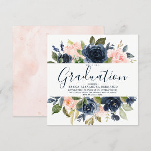 Invitation Fleurs d'aquarelle bleu marine rose