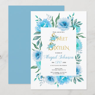 Invitation Fleurs d'aquarelle bleu sweet sixteen anniversaire
