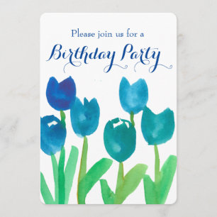 Invitation Fleurs d'aquarelle bleu Tulip 90e anniversaire
