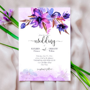 Invitation Fleurs d'aquarelle bleu violet mariage modèle