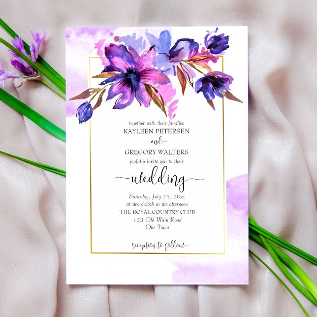 Invitation Fleurs d'aquarelle bleu violet mariage modèle (Créateur téléchargé)