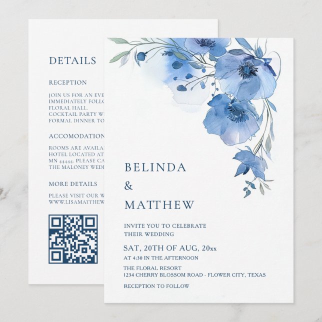 Invitation Fleurs d'aquarelle bleues sur une arche blanche (Devant / Derrière)