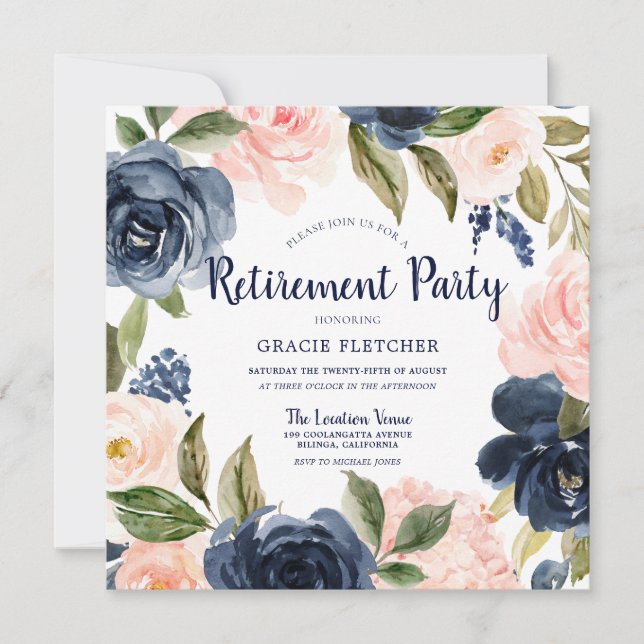 Invitation Fleurs d'aquarelle Blush de la Marine Parti de ret (Devant)
