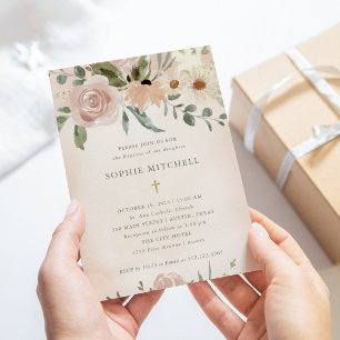 Invitation Fleurs d'aquarelle Boho Blush simples Baptême