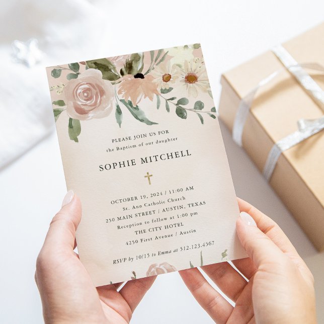 Invitation Fleurs d'aquarelle Boho Blush simples | Baptême (Créateur téléchargé)