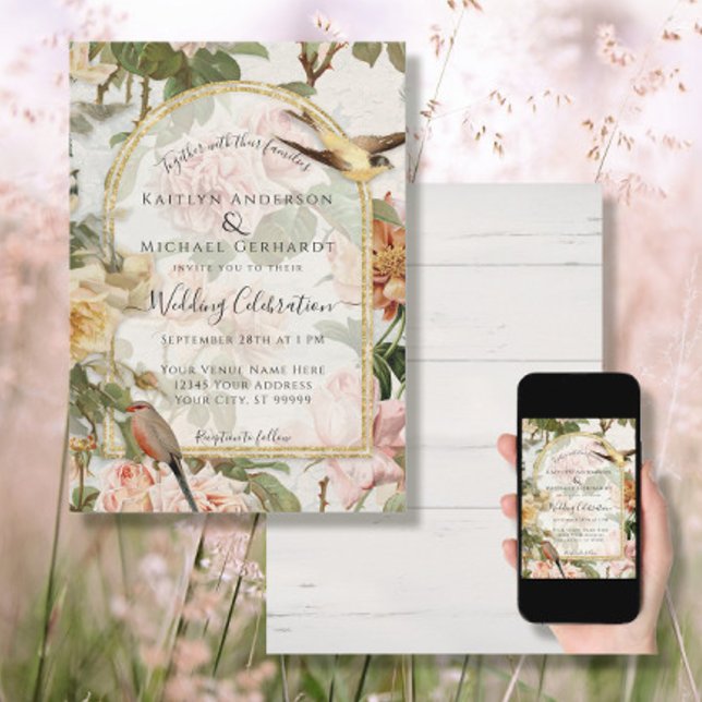 Invitation Fleurs d'aquarelle botanique n Oiseaux Mariage Or (Créateur téléchargé)
