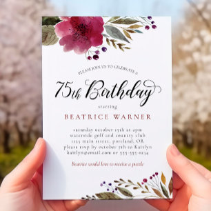 Invitation Fleurs d'aquarelle Bourgogne 75e anniversaire