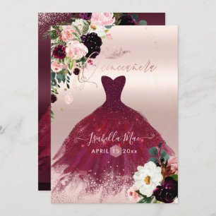Invitation Fleurs d'aquarelle Bourgogne rousse de Quinceanera
