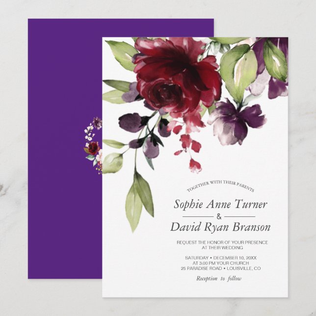 Invitation Fleurs d'aquarelle Bourgogne Royal violet Mariage (Devant / Derrière)