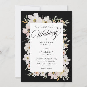 Invitation Fleurs d'aquarelle crème et bleu Mariage noir