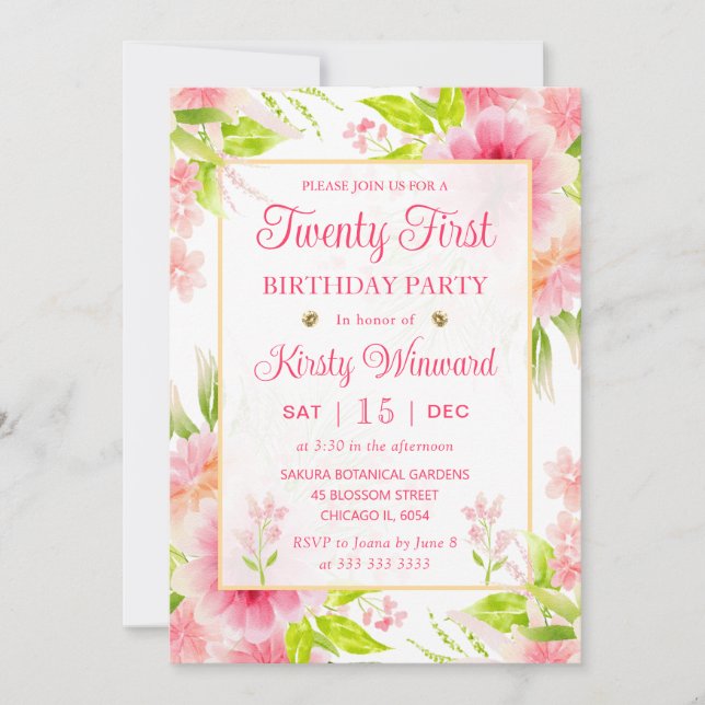 Invitation Fleurs d'aquarelle Dahlia Peony rose 21e anniversa (Devant)