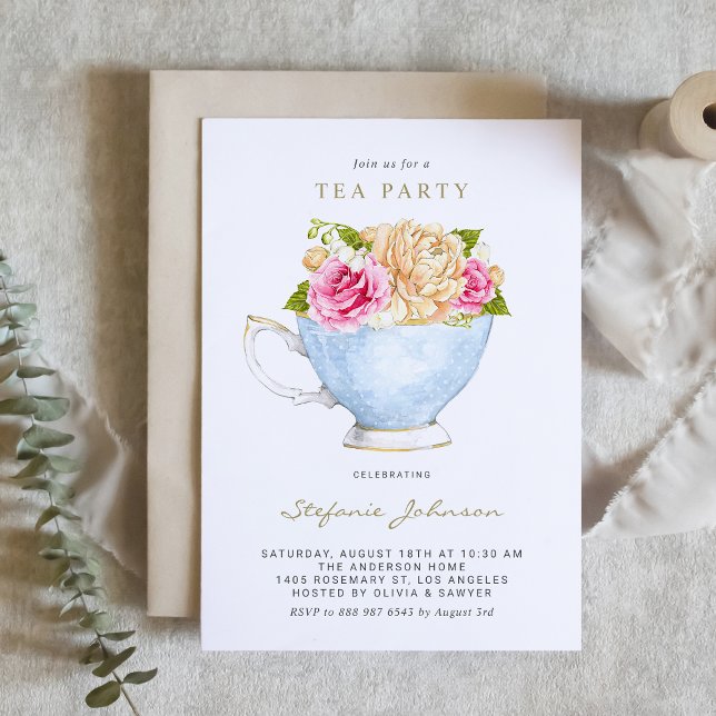 Invitation Fleurs d'aquarelle dans Teacup Tea Party (Créateur téléchargé)