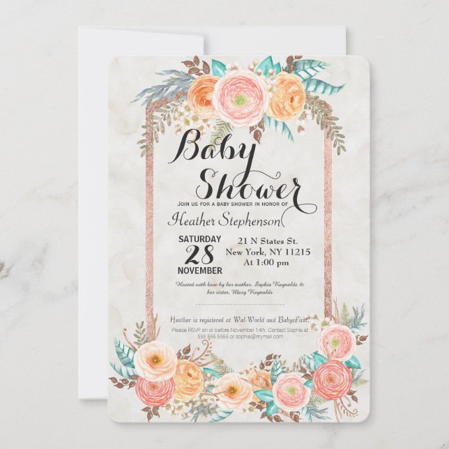 Invitation Fleurs d'aquarelle de corail et Baby shower d'or (Devant)