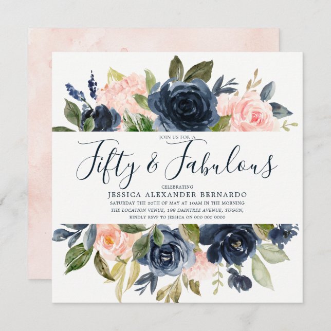 Invitation Fleurs d'aquarelle de la Marine rose 50e fête d'an (Devant / Derrière)