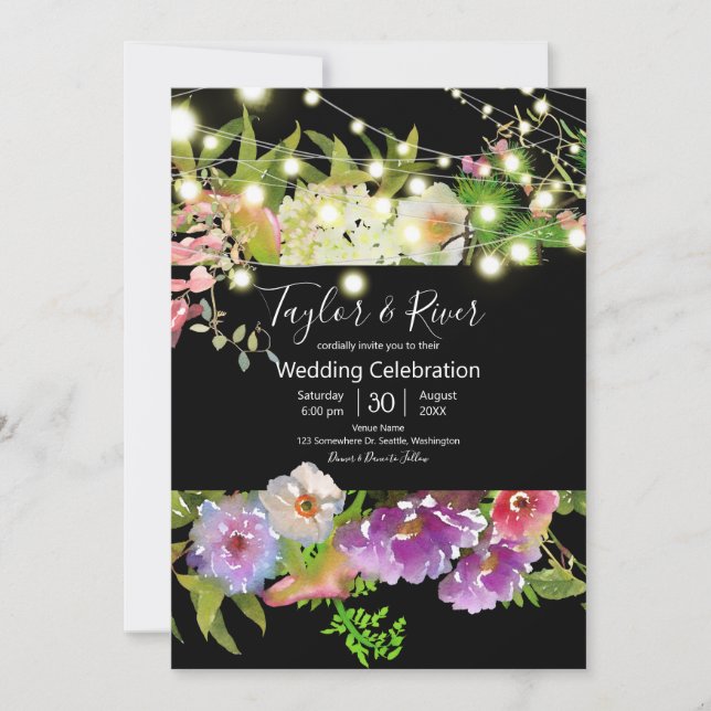 Invitation Fleurs d'aquarelle de l'été avec lumières à cordes (Devant)