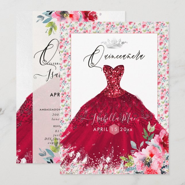 Invitation Fleurs d'aquarelle de Quinceanera rouge étincelant (Devant / Derrière)