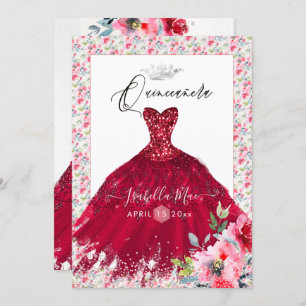 Invitation Fleurs d'aquarelle de Quinceanera rouge étincelant