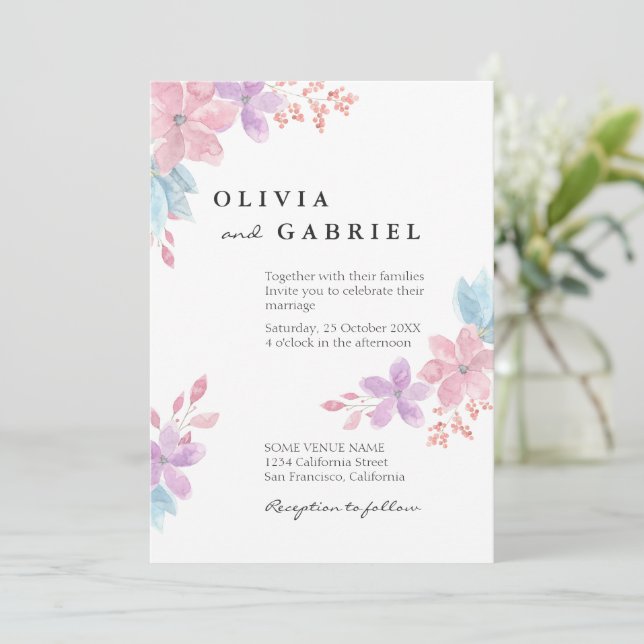 Invitation Fleurs d'aquarelle délicate mariage botanique bota (Debout devant)