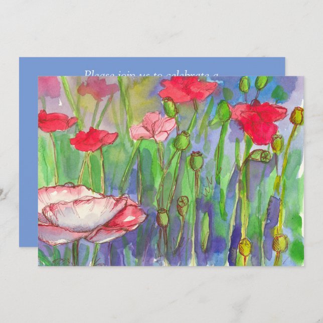 Invitation Fleurs d'aquarelle des pavots rouges 60e fête d'an (Devant / Derrière)