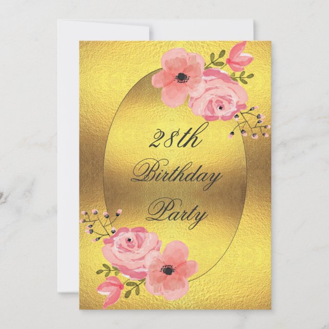 Invitation Fleurs d'aquarelle d'or Faux 28e anniversaire (Devant)