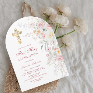 Invitation Fleurs d'aquarelle douce arche Première Communion