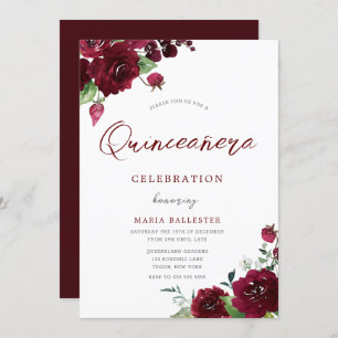 Invitation Fleurs d'aquarelle du marron bordeaux Quinceanera