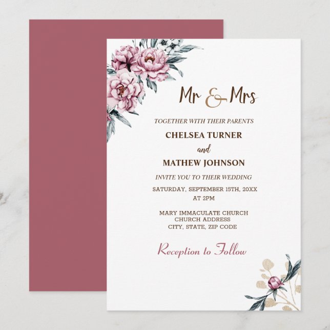 Invitation Fleurs d'aquarelle élégantes pivoines (Devant / Derrière)