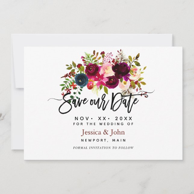 Invitation Fleurs d'aquarelle en bleu marine bordeaux et roug (Devant)