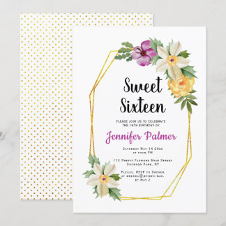 Invitation Fleurs d'aquarelle en polygon or Sweet sixteen