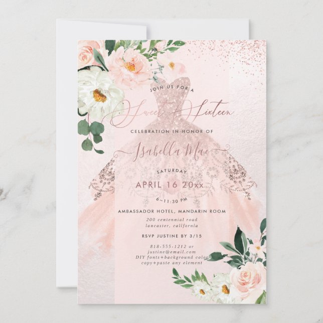 Invitation Fleurs d'aquarelle en Sweet sixteen or rose (Dos)