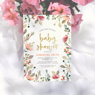 Invitation Fleurs d'aquarelle et Baby shower de lettres d'or