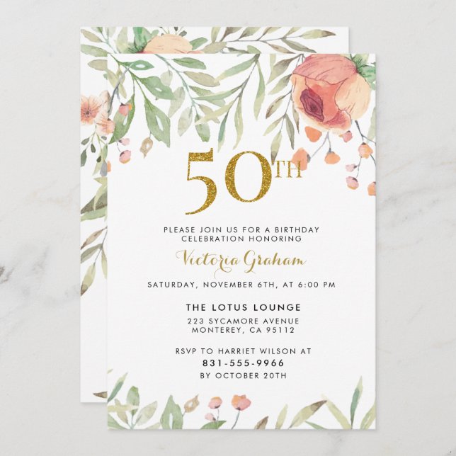 Invitation Fleurs d'aquarelle et Gold 50e anniversaire (Devant / Derrière)