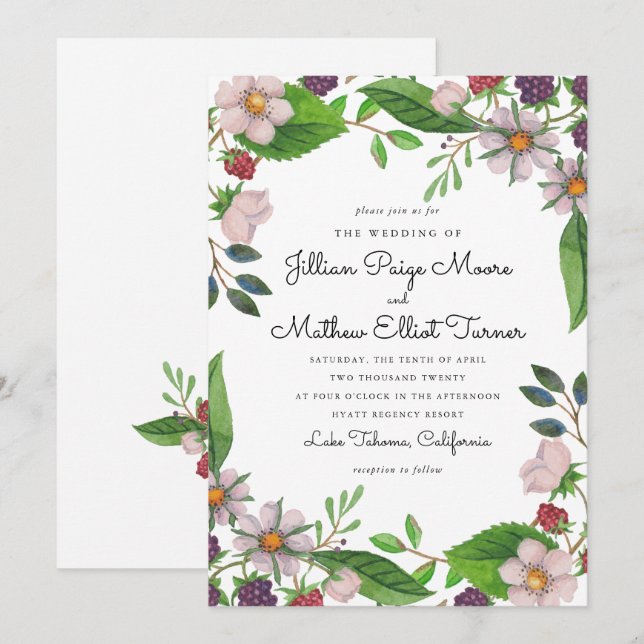 Invitation Fleurs d'aquarelle et Mariage de baies (Devant / Derrière)