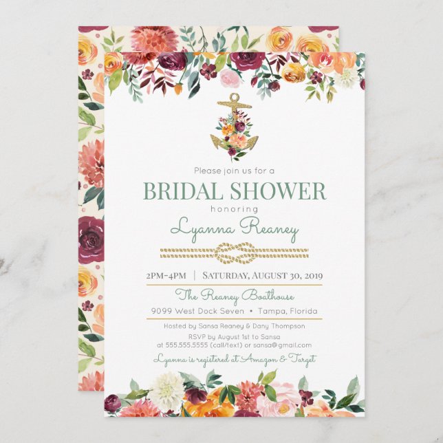 Invitation Fleurs d'aquarelle Fête de l'mariée marine (Devant / Derrière)