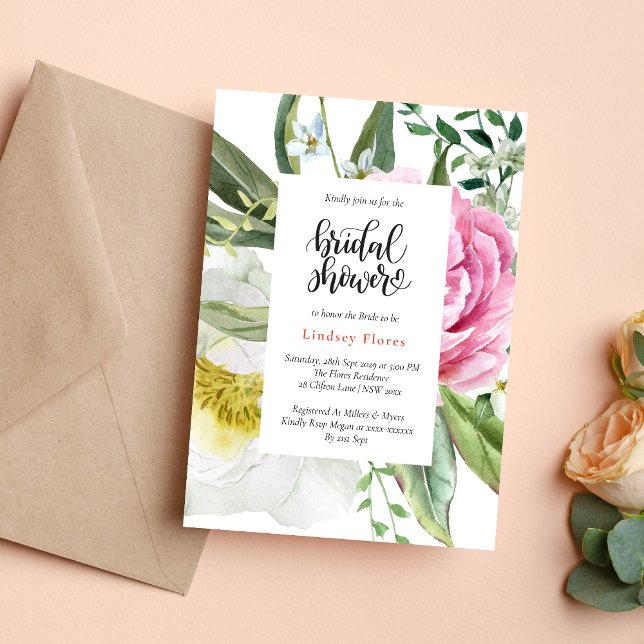 Invitation Fleurs d'aquarelle Feuillage douche de mariée (Watercolor floral greenery leaves invitation creates a fresh, elegant bridal shower tone)