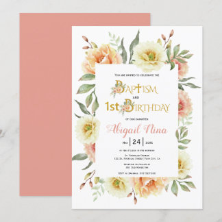 Invitation Fleurs d'aquarelle fille baptême et 1er anniversai