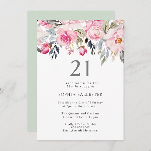 Invitation Fleurs d'aquarelle floue Élégante 21e anniversaire (Devant / Derrière)