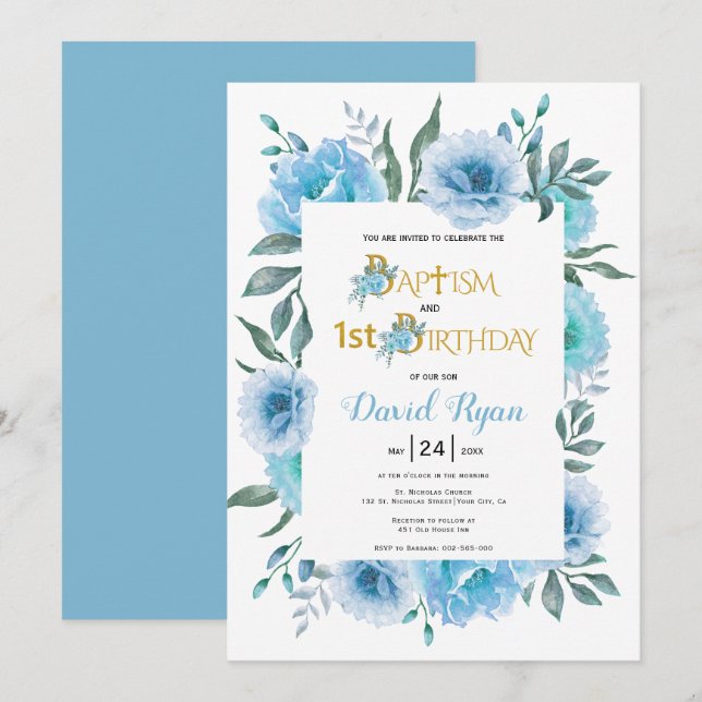 Invitation Fleurs d'aquarelle garçon baptême et 1er anniversa (Devant / Derrière)
